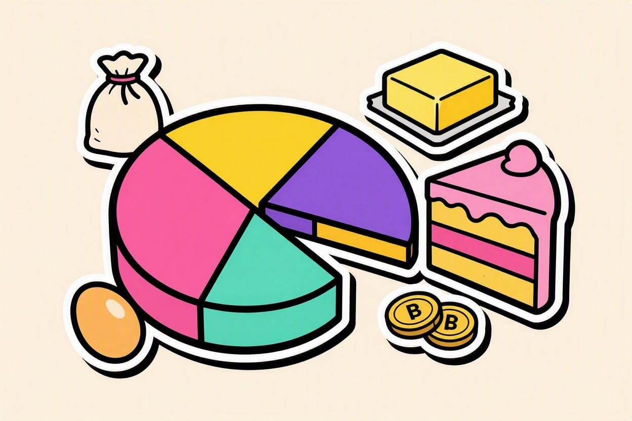 A pie chart of ingredient cost versus selling price beside baking ingredients, in OvenSync’s bright sticker style
