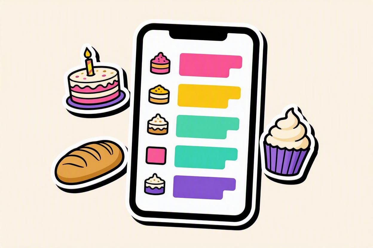 A phone showing a tidy bakery price list next to cakes and pastries, in OvenSync’s bright sticker style