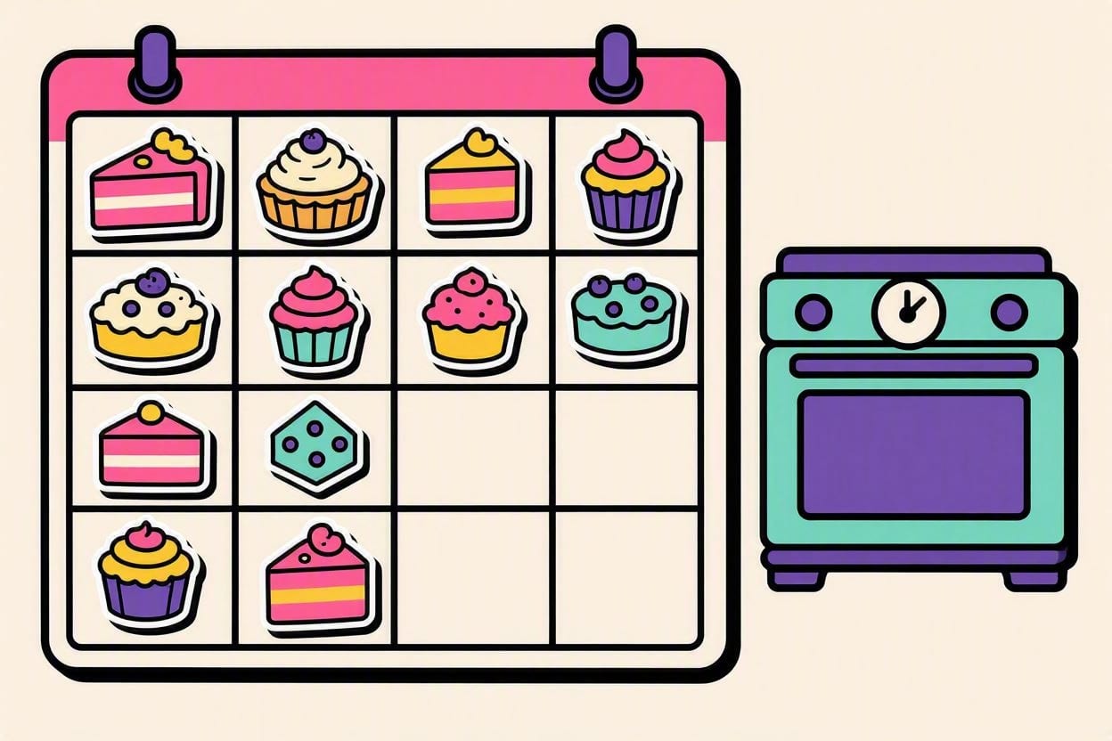 A weekly calendar filled with cake orders beside an oven with a timer, in OvenSync’s bright sticker style