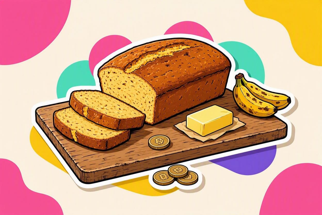 A sliced banana bread loaf beside ripe bananas, butter and peso coins, in OvenSync’s bright sticker style