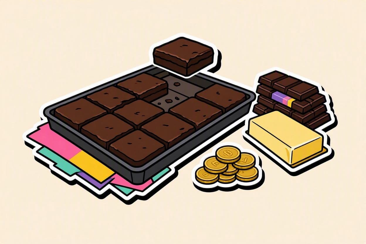 A tray of fudgy brownies cut into squares beside chocolate bars and peso coins, in OvenSync’s bright sticker style