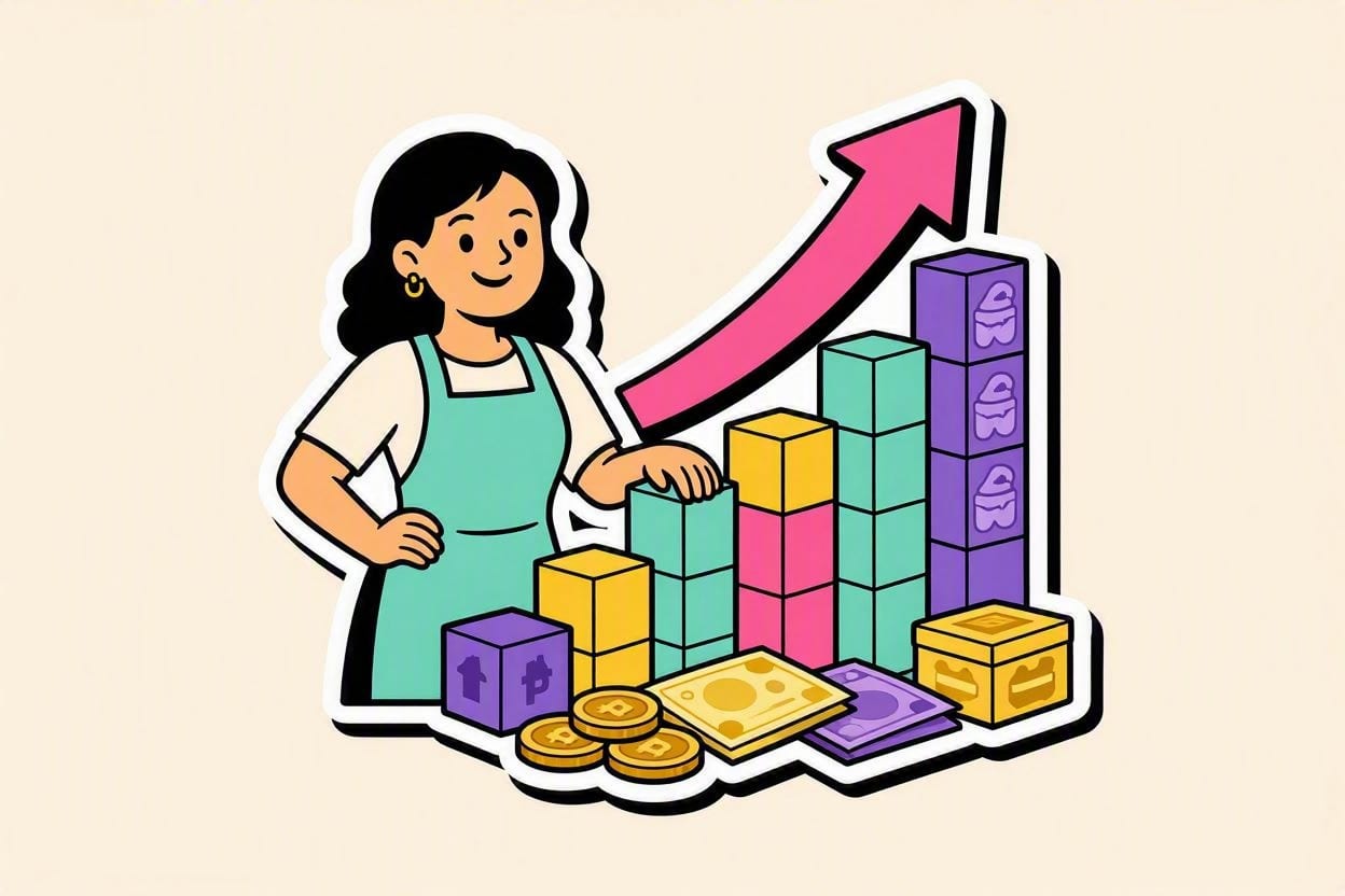 A home baker looking at a profit chart beside cake boxes and peso coins, in OvenSync’s bright sticker style