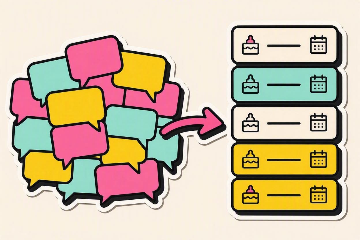 Chat bubbles turning into a tidy list of cake orders with dates, in OvenSync’s bright sticker style