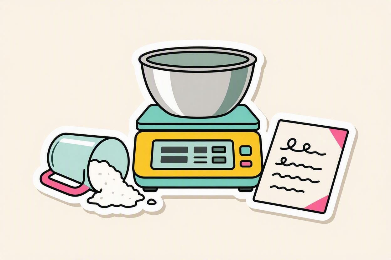 A handwritten recipe card being converted to a digital weight-based recipe on a kitchen scale, in OvenSync’s bright sticker style
